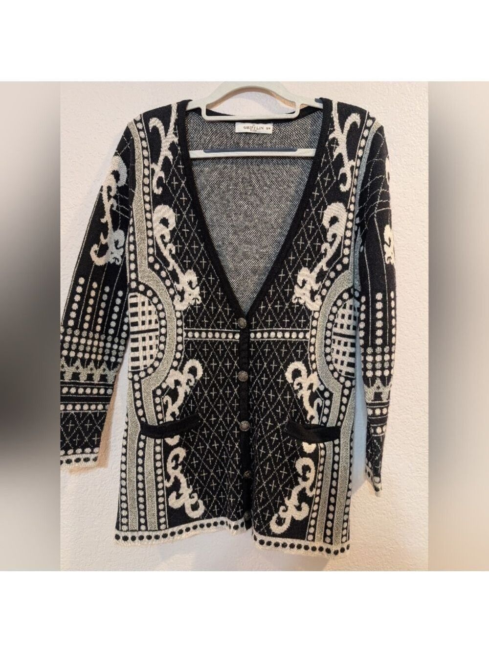 Vintage Grifflin Paris Knitted Deep V Cardigan,SizeS/M , Black, White, Silver.
